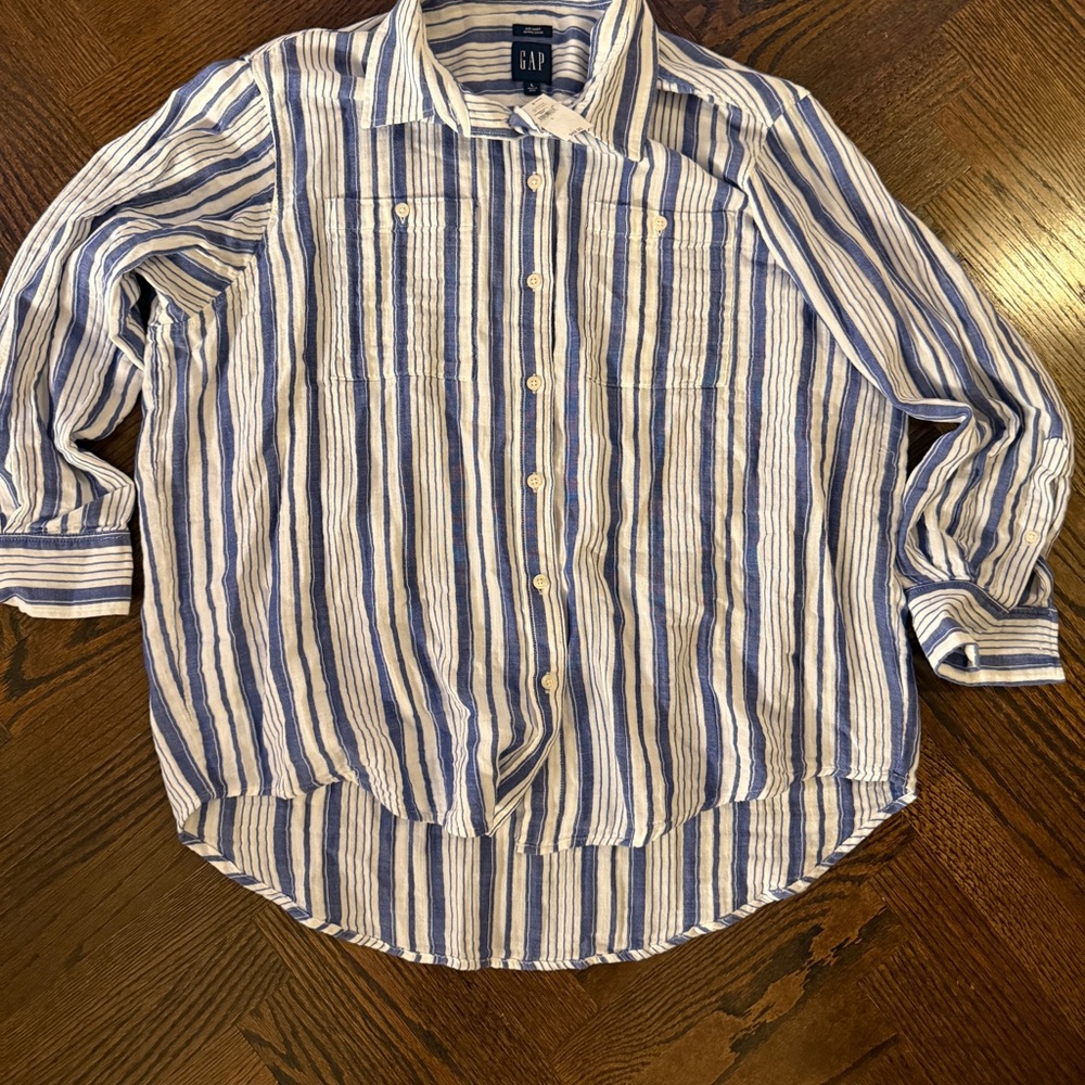 GAP Women's Blue and White Striped Button-Down Shirt